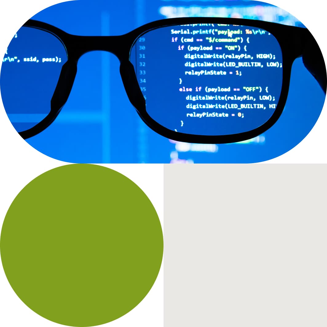 hero collage image for clinical datasets with a view of code through eyeglasses
