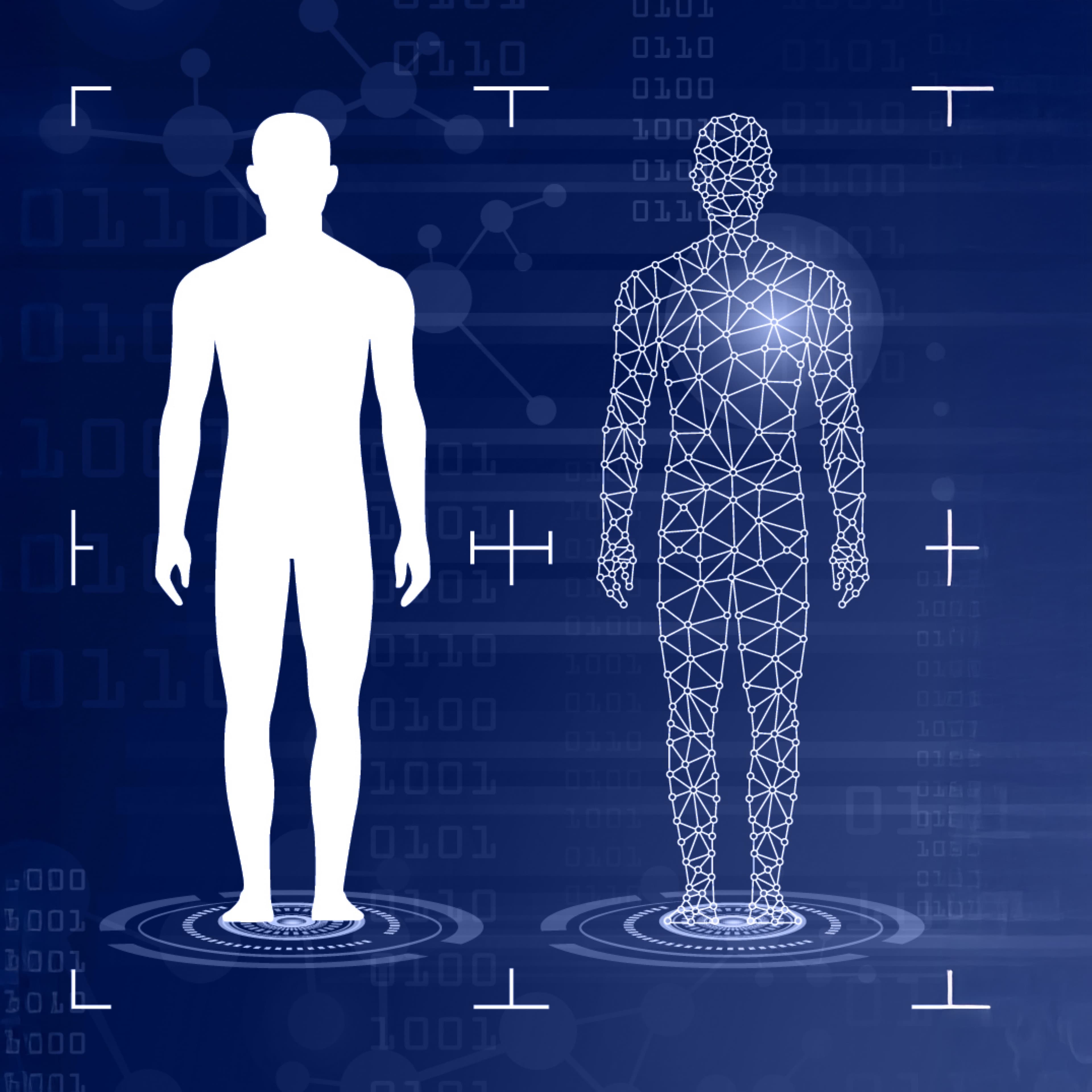 two human figures one of which is solid and the other is polygon mesh