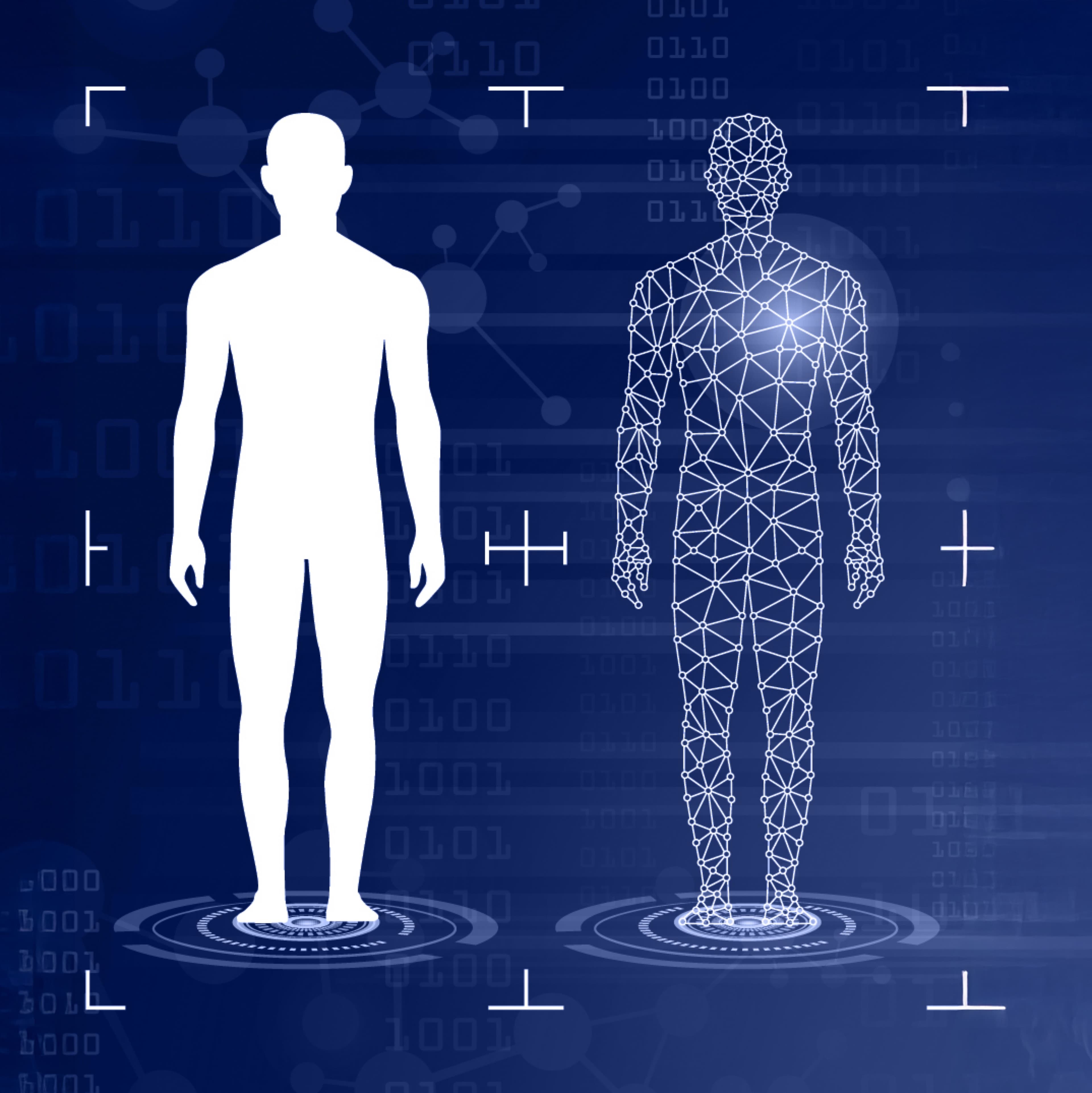two human figures one of which is solid and the other is polygon mesh