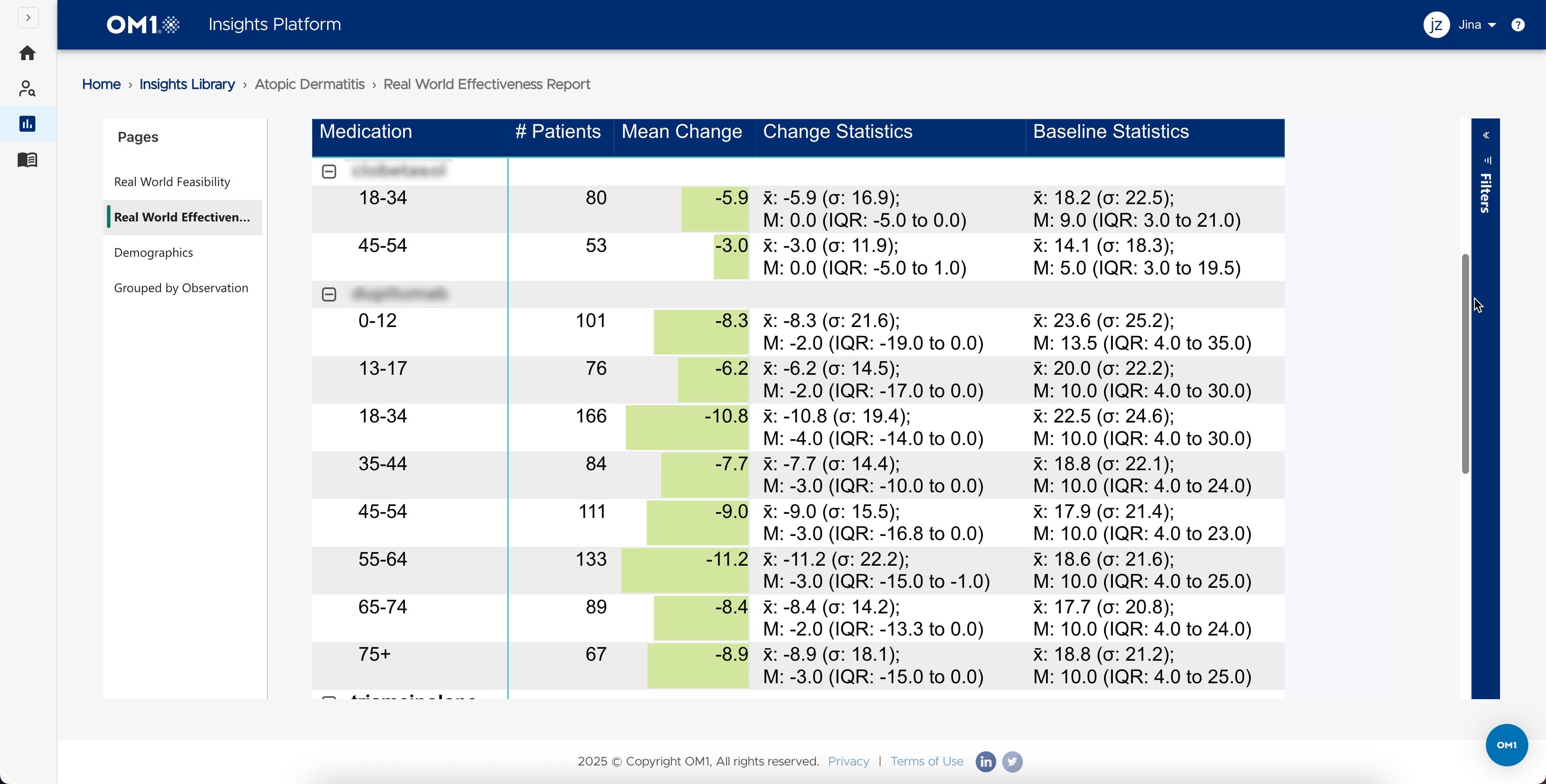 cohort explorer screen showing real-world effectiveness of AD patients
