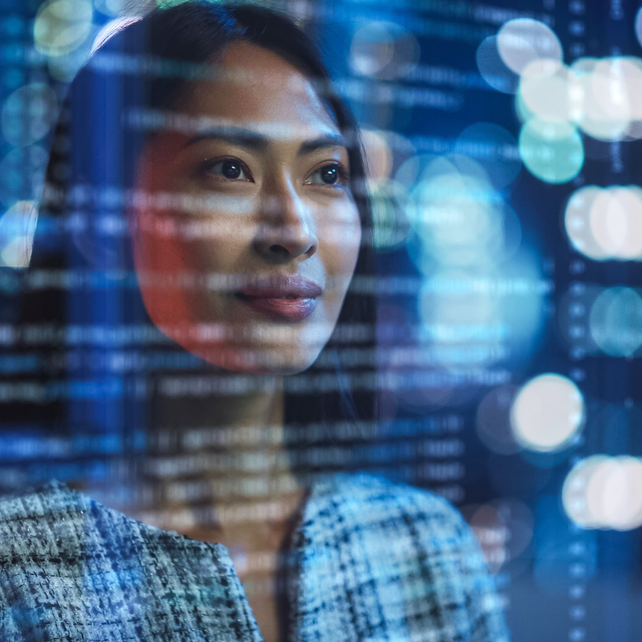 futuristic woman gazing in distance with code overlaid